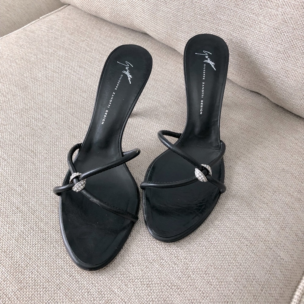 Giuseppe Zanotti black leather heeled  sandals with rhinestone  embellishment